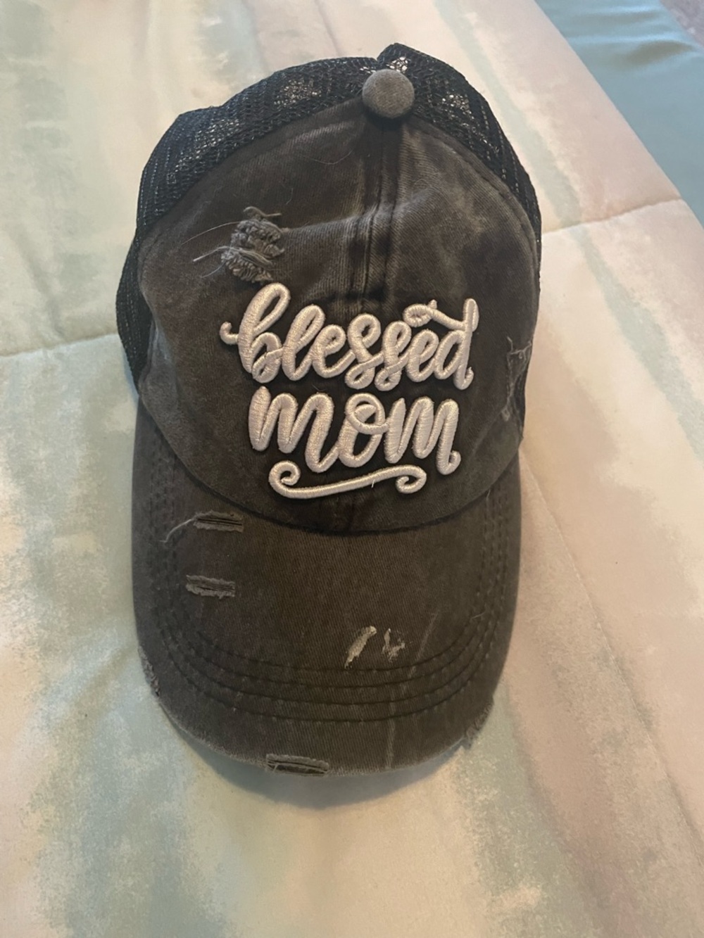 "Blessed Mom" Distressed Trucker Hat - Charcoal Gray
